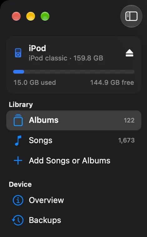 Clickwill sidebar with an iPod classic 160 GB at the top, 144.9 GB free, and Add Songs or Albums under Library