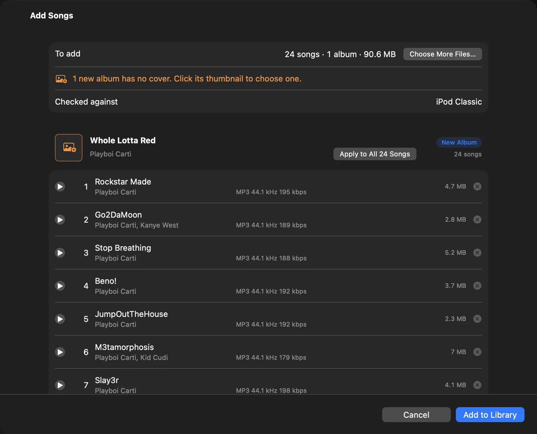The Add Songs window with Whole Lotta Red by Playboi Carti marked New Album, a note that it has no cover, and the Add to Library button