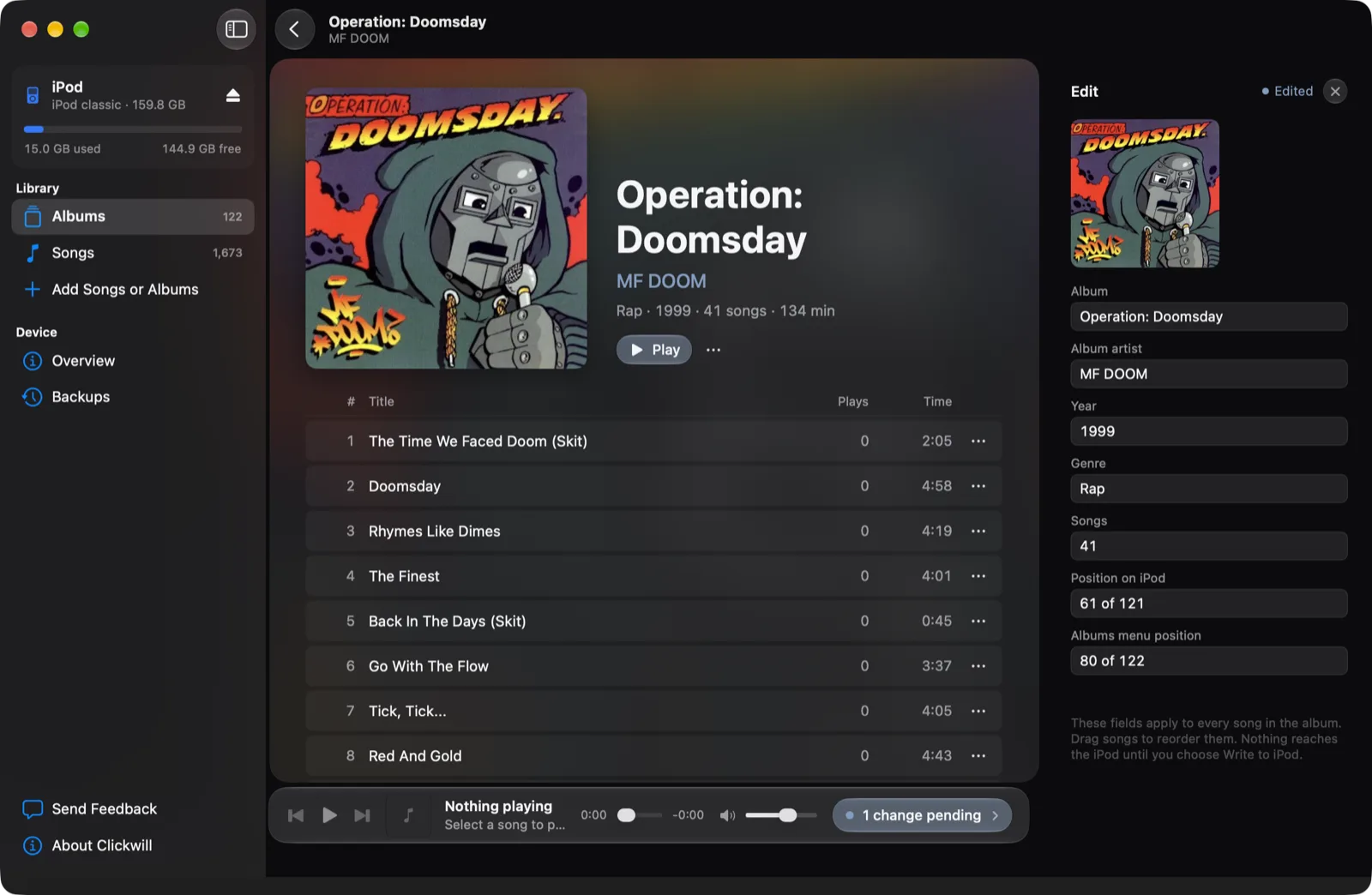 Operation: Doomsday with its cover in the album and in the Edit panel, marked Edited, and 1 change pending at the bottom