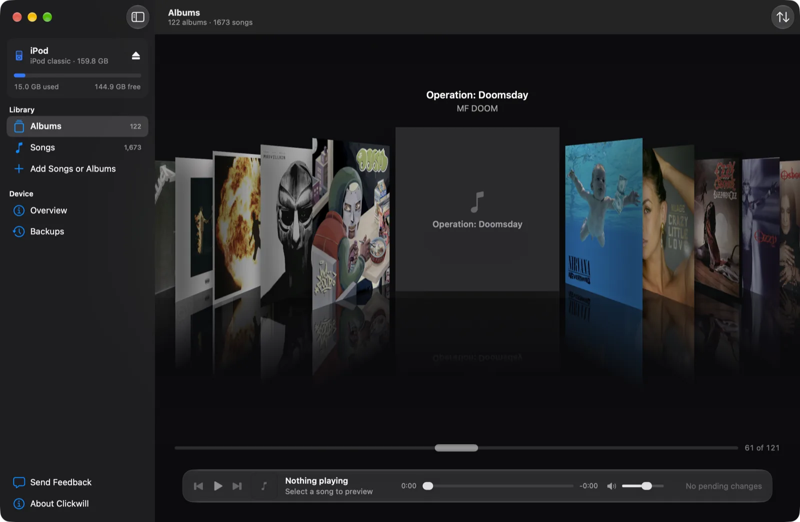 Cover Flow in Clickwill with Operation: Doomsday by MF DOOM in the middle, shown as a grey square with a music note