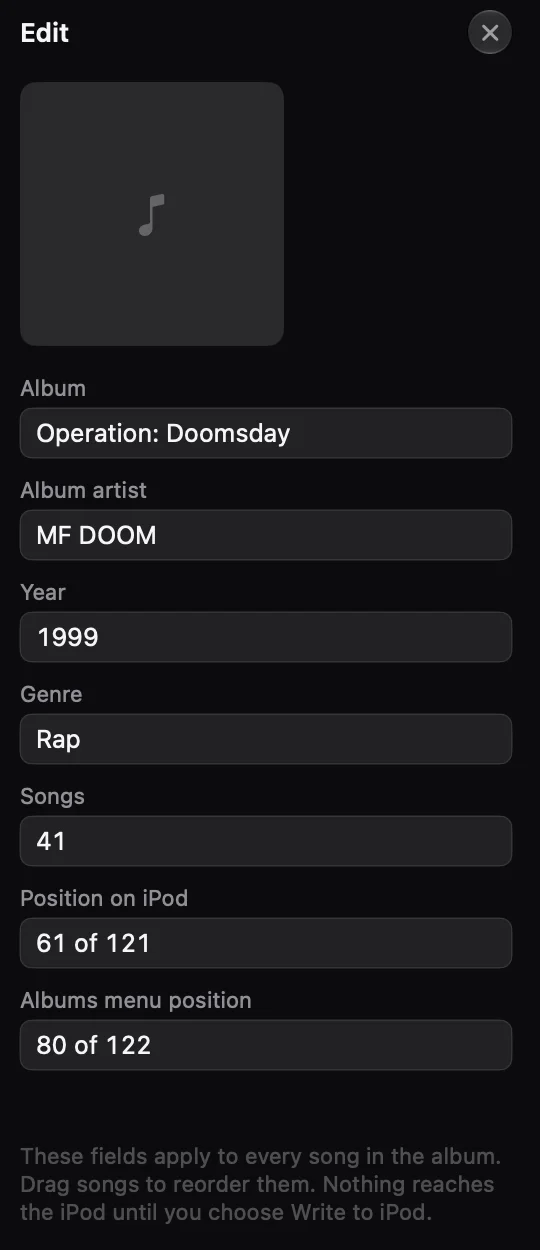 Edit panel with an empty cover above the fields Album, Album artist, Year, Genre, Songs and positions