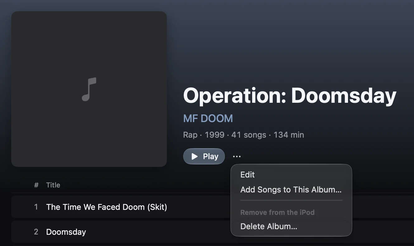 The album Operation: Doomsday without a cover, with the menu open: Edit, Add Songs to This Album, Delete Album