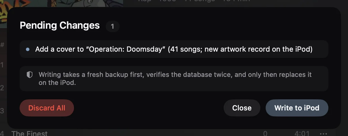 Pending Changes: Add a cover to Operation: Doomsday (41 songs; new artwork record on the iPod), with Write to iPod