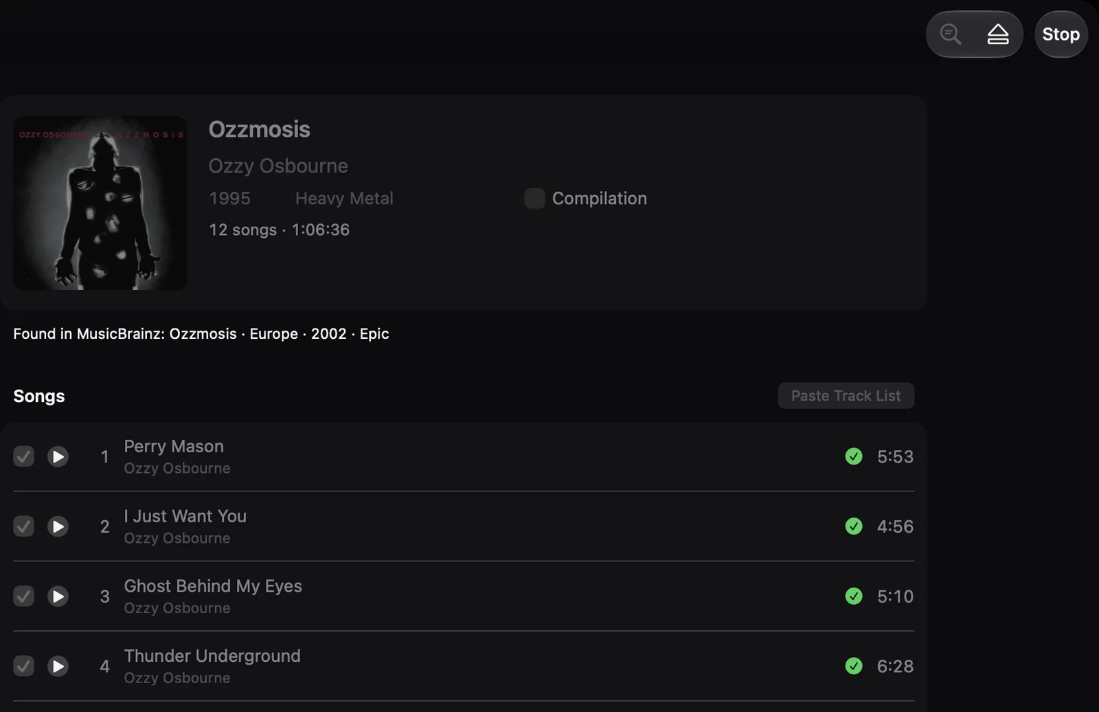 Importing Ozzmosis: the first songs have a green tick and the Import CD button has turned into Stop