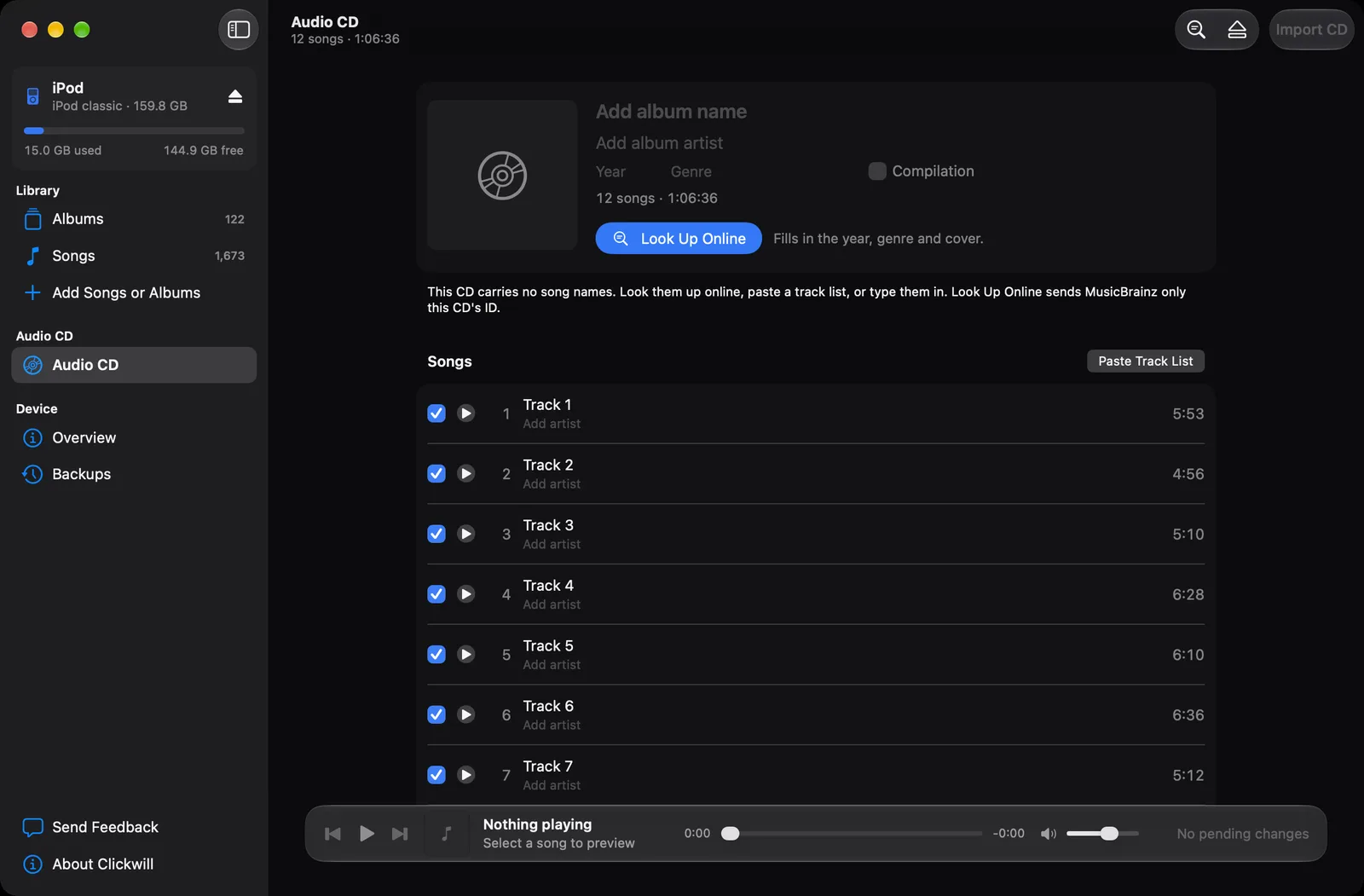 Clickwill with an audio CD under Audio CD in the sidebar, 12 numbered tracks and the Look Up Online button
