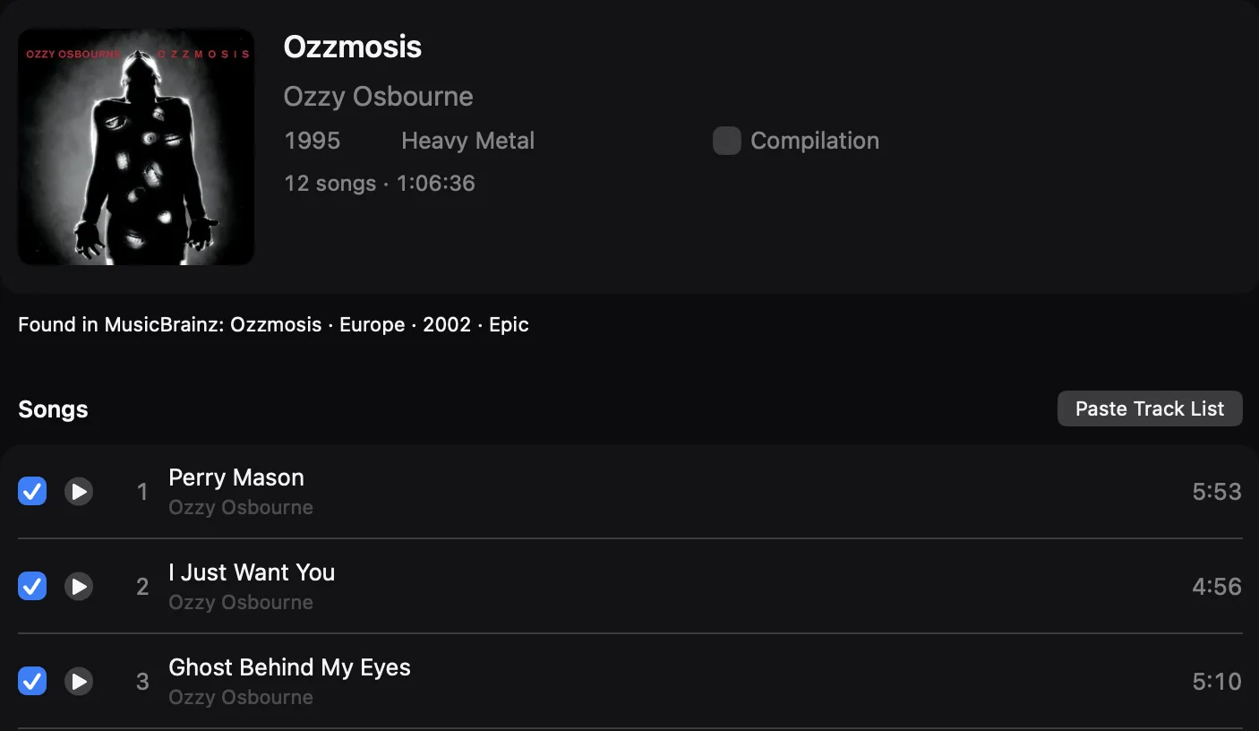 Ozzmosis by Ozzy Osbourne filled in after Look Up Online: cover, 1995, Heavy Metal and the song names
