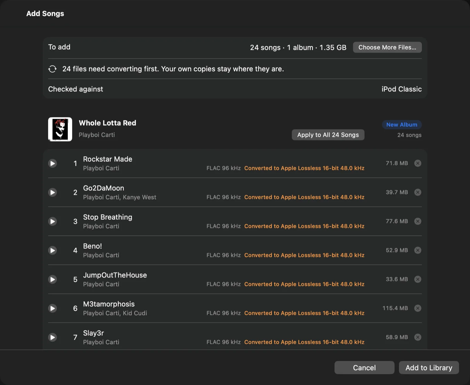 Add Songs window with Whole Lotta Red by Playboi Carti: 24 songs, 1 album, 1.35 GB, and 24 files need converting first