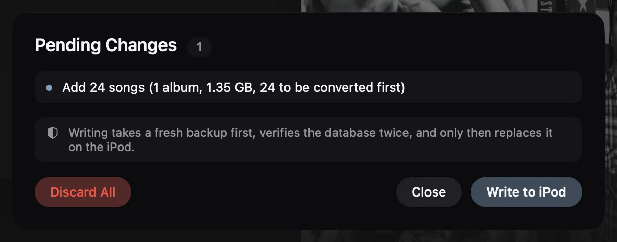Pending Changes: Add 24 songs (1 album, 1.35 GB, 24 to be converted first), with Write to iPod