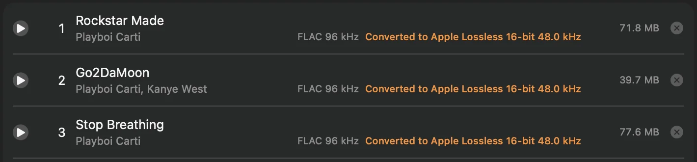 Three songs marked FLAC 96 kHz and Converted to Apple Lossless 16-bit 48.0 kHz