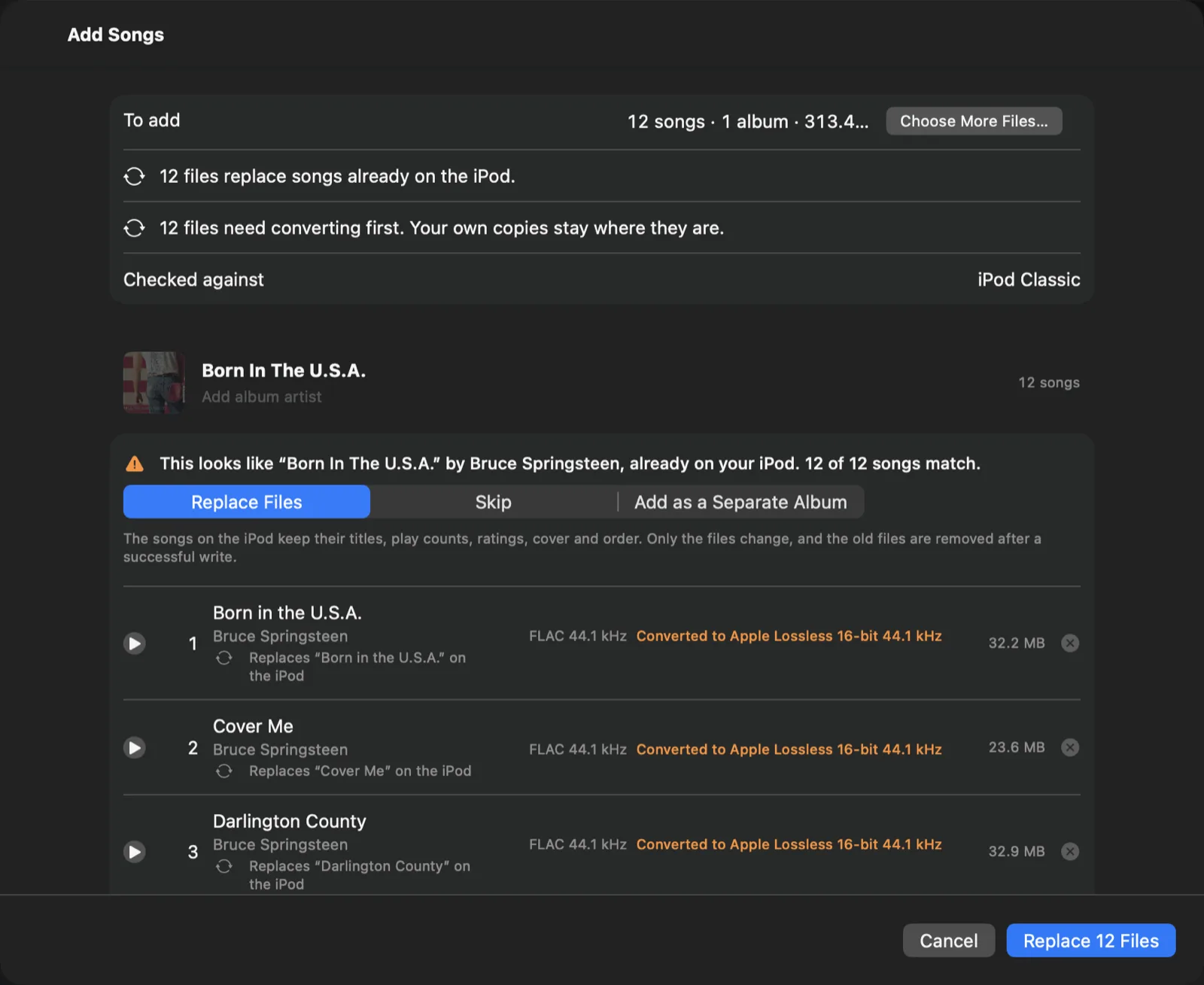 Add Songs window: 12 files replace songs already on the iPod, 12 files need converting first, and the Replace 12 Files button