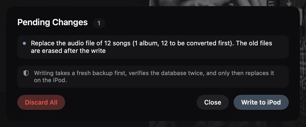 Pending Changes: Replace the audio file of 12 songs (1 album, 12 to be converted first). The old files are erased after the write