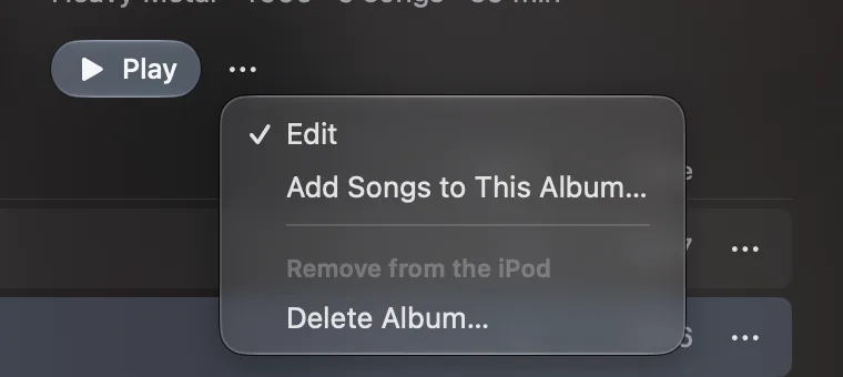 The album menu with Add Songs to This Album and Delete Album