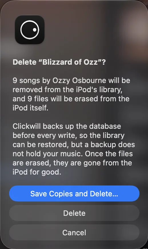 Delete Blizzard of Ozz? with Save Copies and Delete, Delete and Cancel