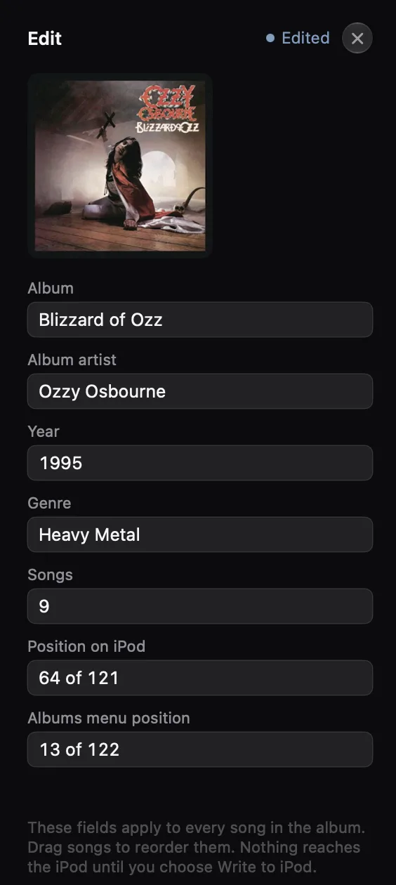 The Edit panel of Blizzard of Ozz: cover, album, album artist, year, genre, number of songs and position on the iPod