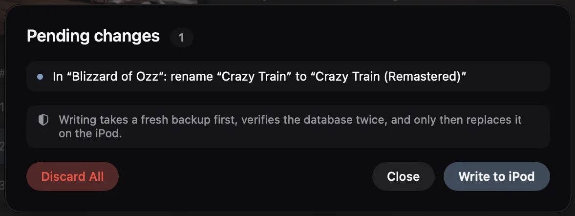 Pending changes: rename Crazy Train to Crazy Train (Remastered), with Discard All, Close and Write to iPod
