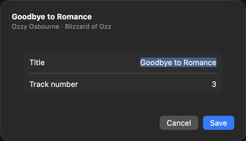 Editing Goodbye to Romance from the Songs table: title and track number, with Cancel and Save