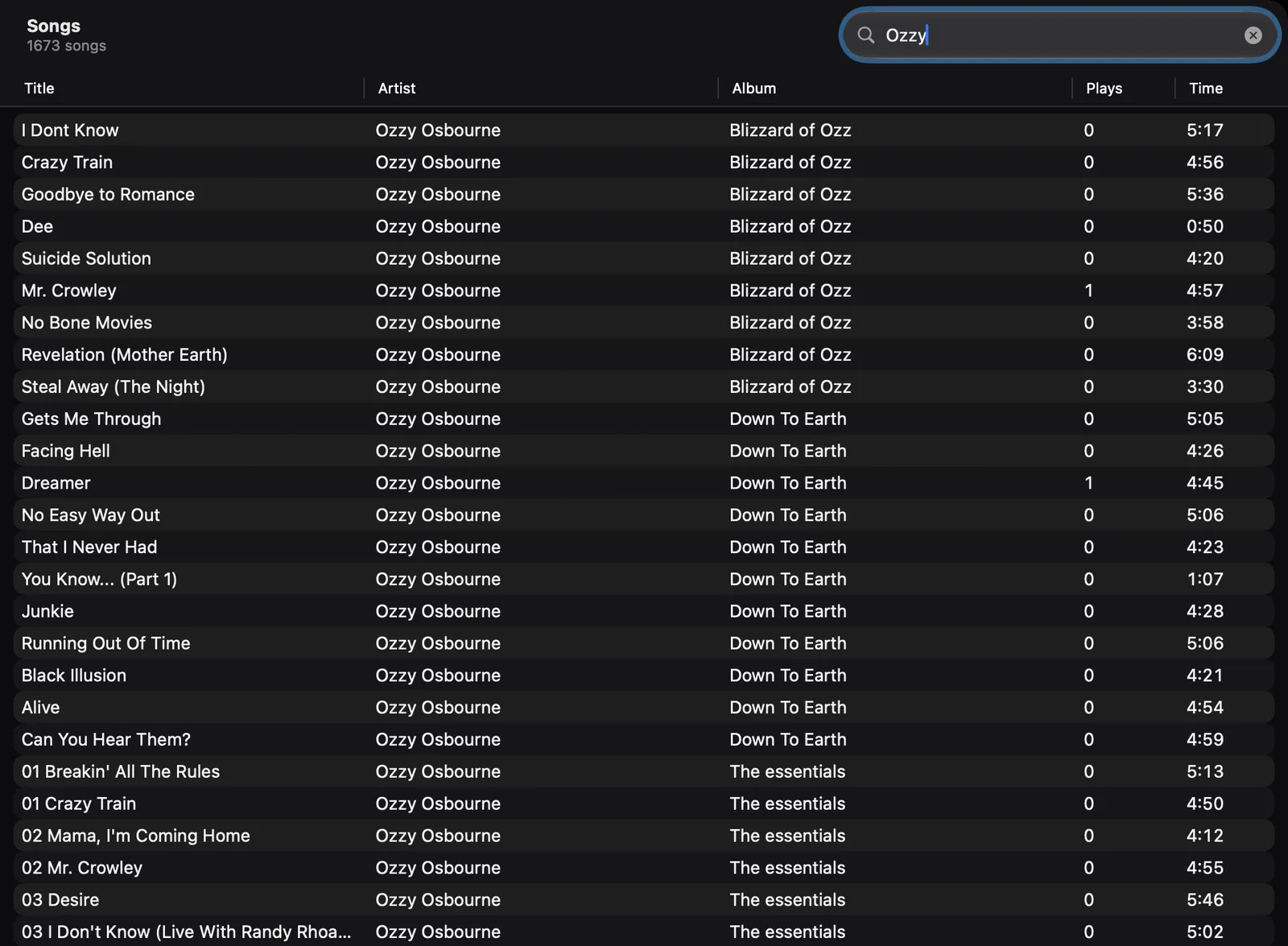 The Songs table in Clickwill searched for Ozzy, with title, artist, album, plays and time