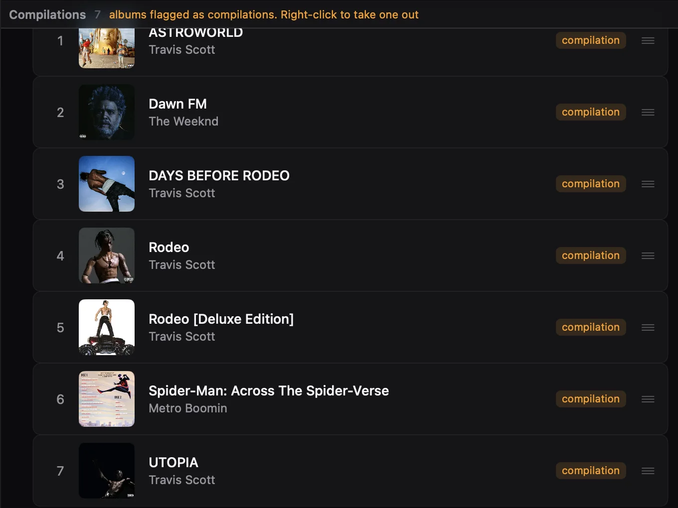 The Compilations group with seven albums, including ASTROWORLD, Dawn FM, Rodeo and a Spider-Man soundtrack, each labelled compilation