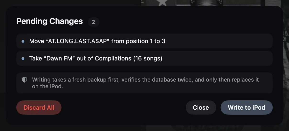 Pending Changes: Move AT.LONG.LAST.A$AP from position 1 to 3, and Take Dawn FM out of Compilations (16 songs)