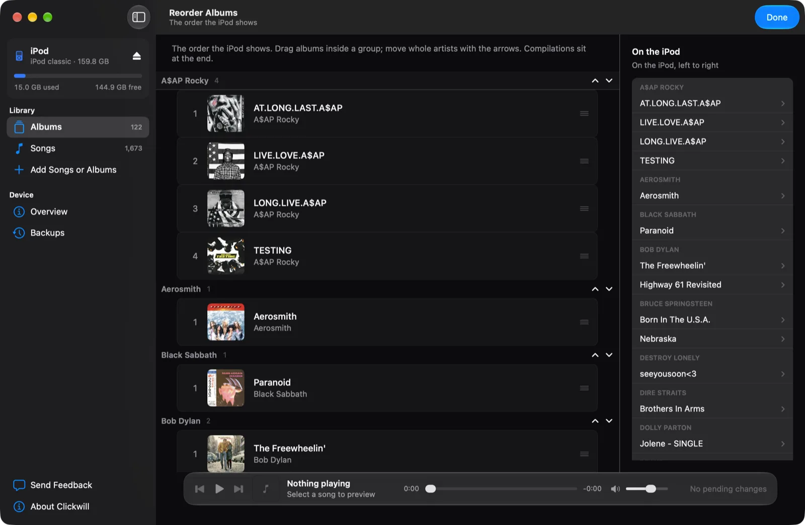 Reorder Albums with A$AP Rocky's albums in alphabetical order and the On the iPod list on the right
