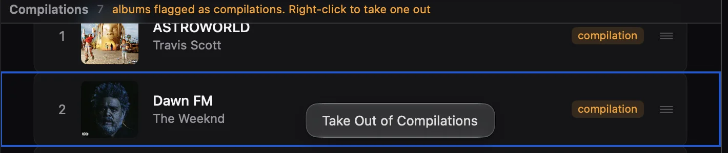 Right-click menu on Dawn FM with Take Out of Compilations